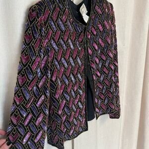 Vintage 80s Silk Sequin Colorful Evening Jacket Black Gold Pink Purple 10
